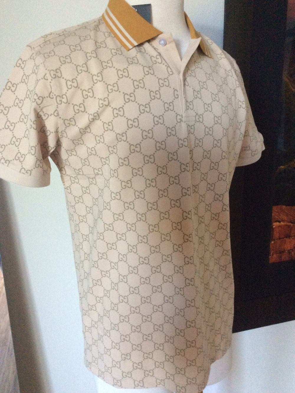 Gucci Beige GG Monogram Polo with Mustard-Trim Collar